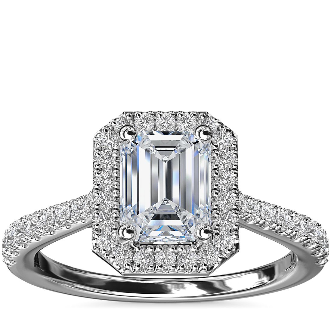 Emerald Cut Bridge Halo Engagement Ring