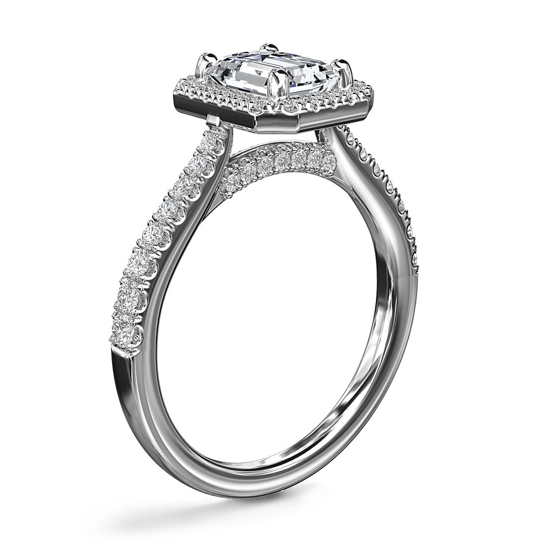 Emerald Cut Bridge Halo Engagement Ring